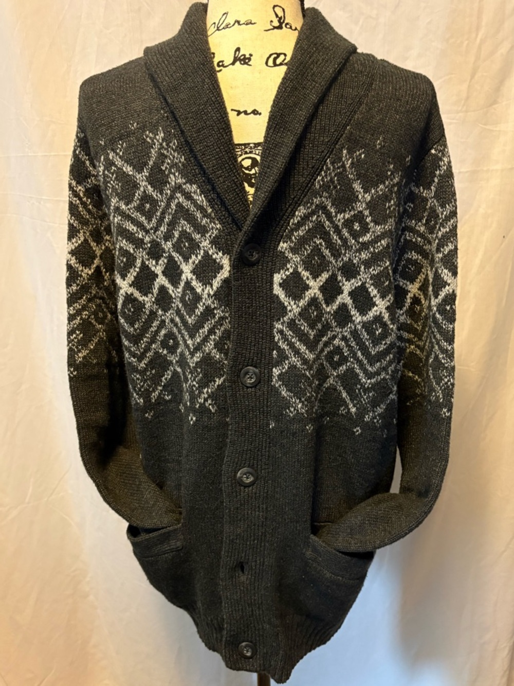 Sonoma Men's Dark Gray Shawl Collar Cardigan with White Pattern